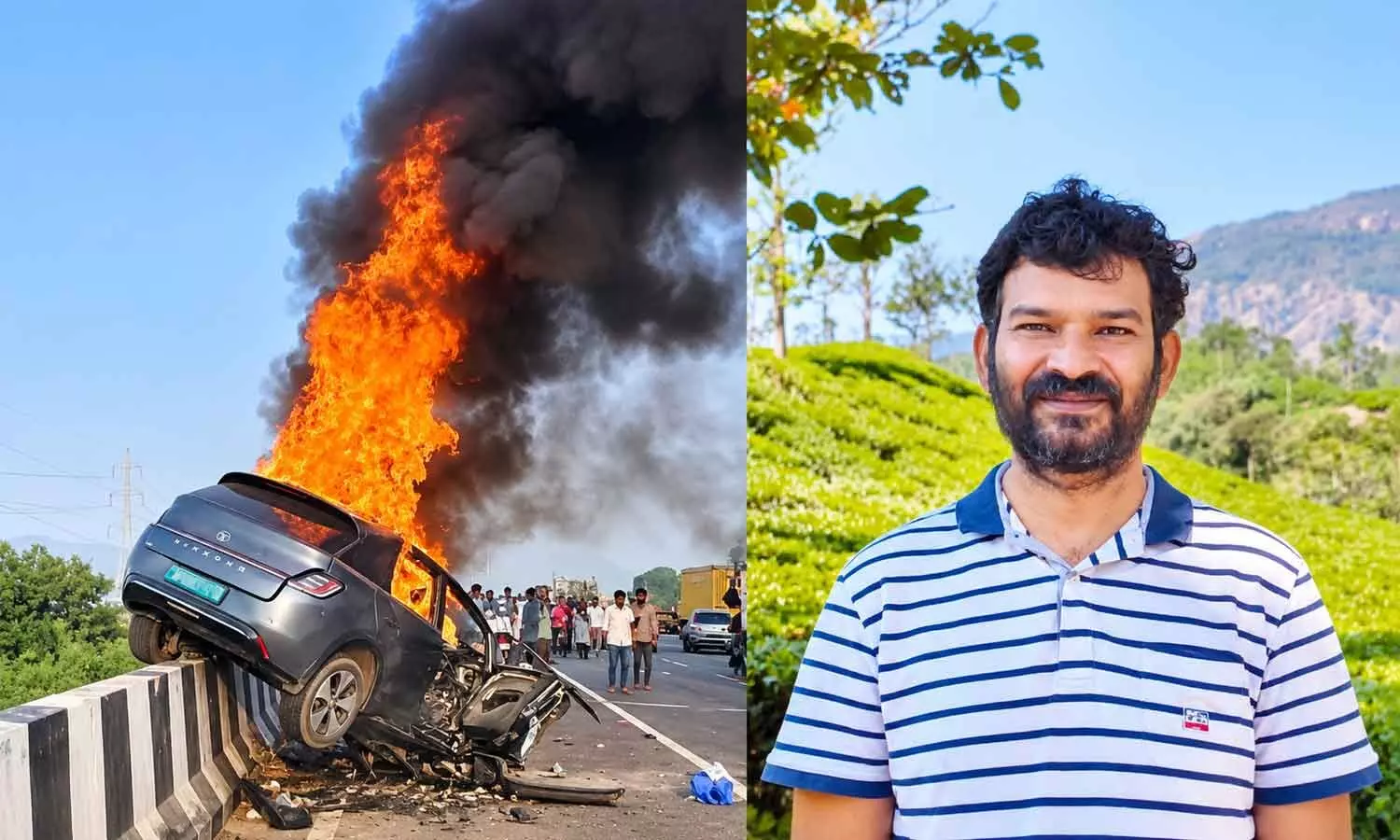 The electric vehicle that caught fire after crashing into the road divider on the Vijayawada West bypass between Gollapudi and Ambapuram on Monday; Kommareddy Ramdev Reddy (file picture) The electric vehicle that caught fire after crashing into the road divider on the Vijayawada West bypass between Gollapudi and Ambapuram on Monday; Kommareddy Ramdev Reddy (file picture)