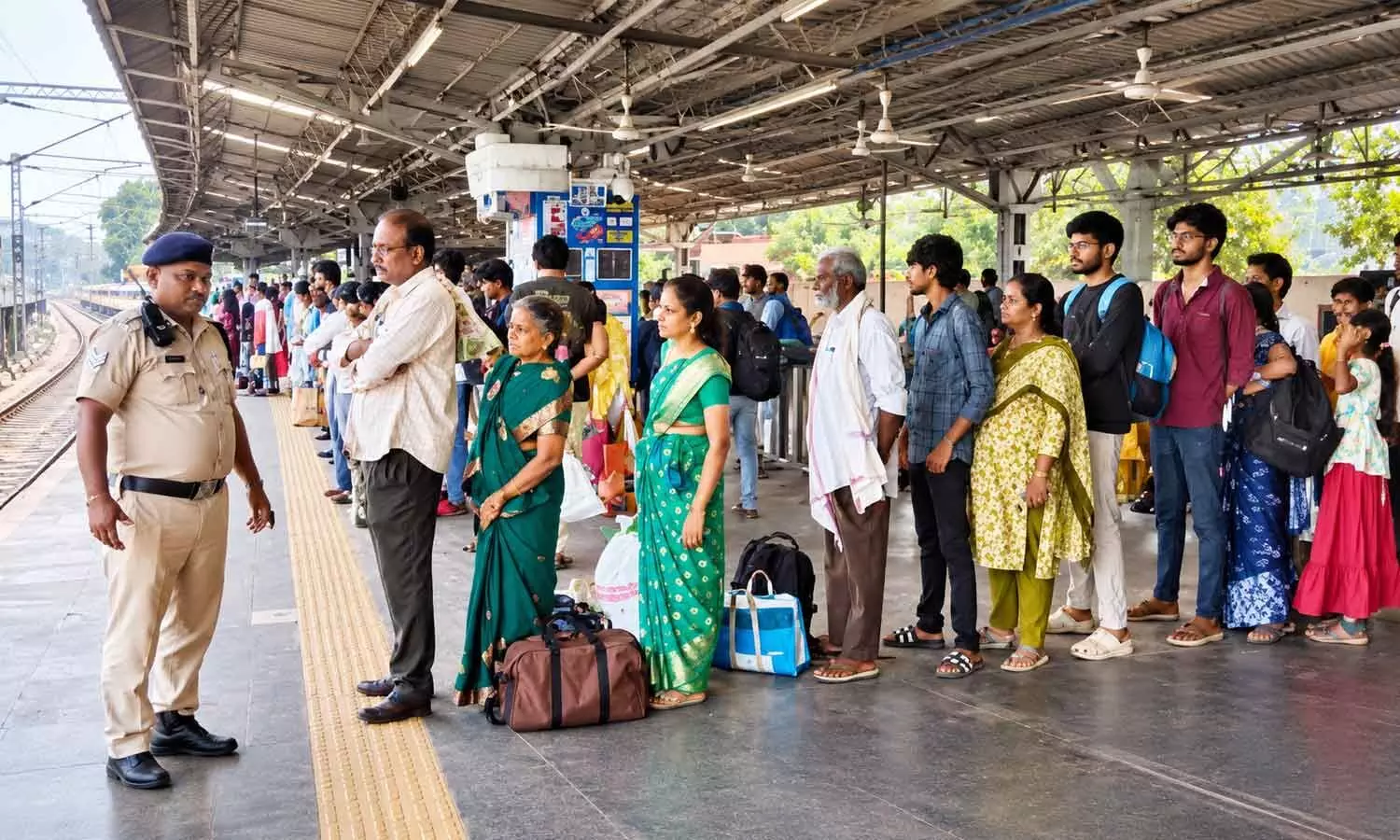 RPF personnel regulating the queue at Visakhapatnam railway station on Monday RPF personnel regulating the queue at Visakhapatnam railway station on Monday