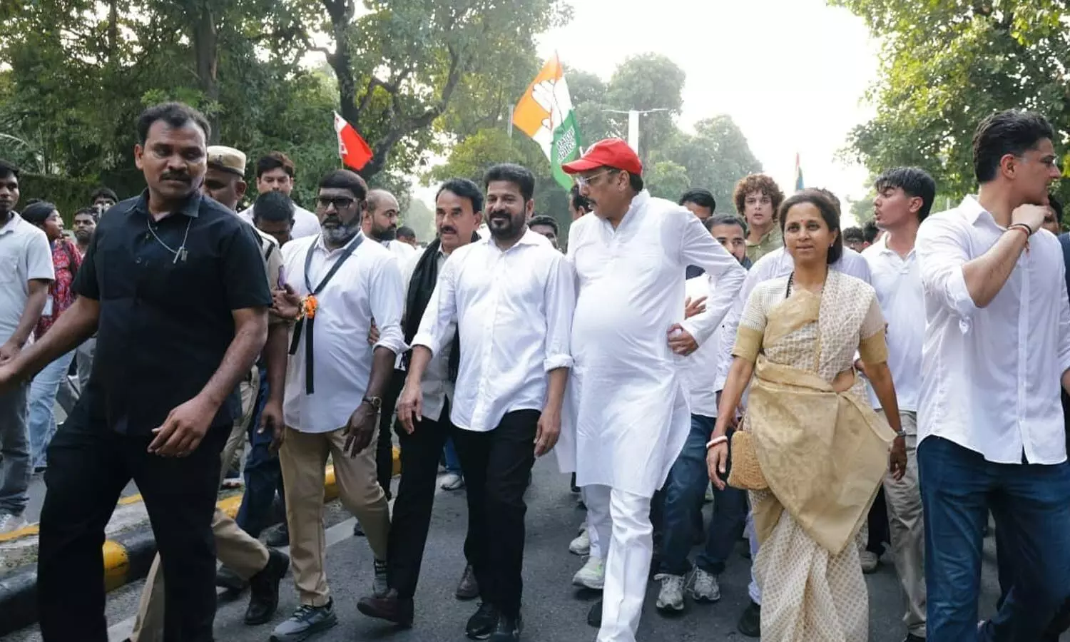 Chief Minister A Revanth Reddy, along with leaders of other parties take part in the March for Democracy in New Delhi on Monday Chief Minister A Revanth Reddy, along with leaders of other parties take part in the March for Democracy in New Delhi on Monday