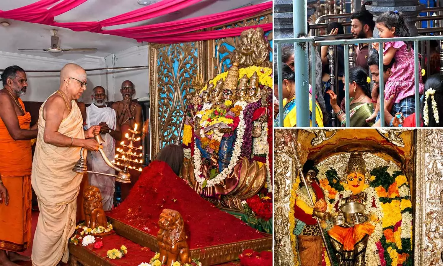 Priests performing Kumari Puja and Suvasini Puja as part of the Dasara festivities atop Indrakeeladri in Vijayawada on Monday Priests performing Kumari Puja and Suvasini Puja as part of the Dasara festivities atop Indrakeeladri in Vijayawada on Monday