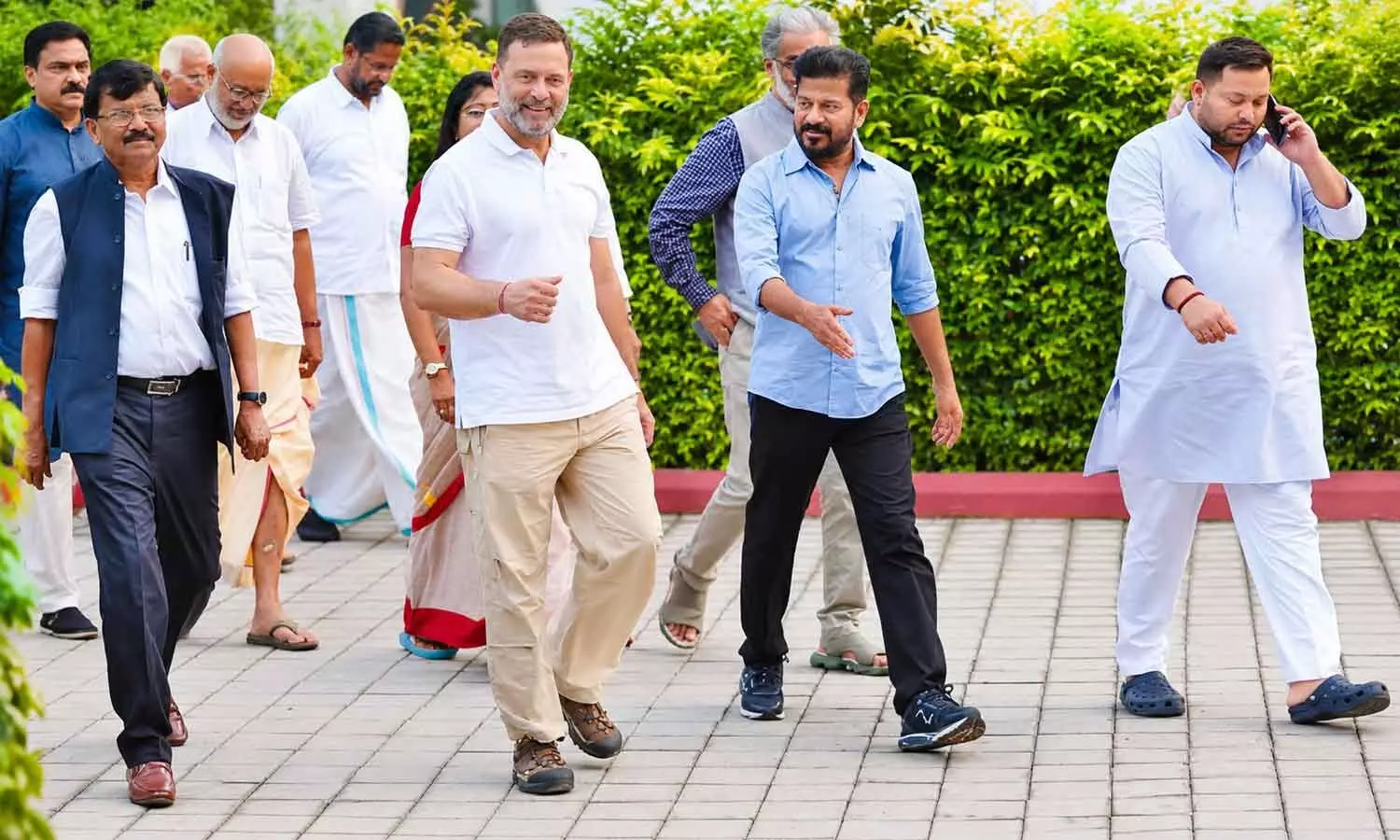Chief Minister A Revanth Reddy with LoP Rahul Gandhi and other INDIA bloc leaders in New Delhi on Tuesday Chief Minister A Revanth Reddy with LoP Rahul Gandhi and other INDIA bloc leaders in New Delhi on Tuesday