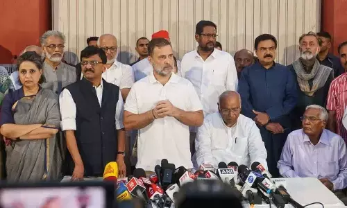 Leader of Opposition Rahul Gandhi addresses a press conference after a meeting of INDIA bloc leaders in New Delhi on Tuesday Leader of Opposition Rahul Gandhi addresses a press conference after a meeting of INDIA bloc leaders in New Delhi on Tuesday
