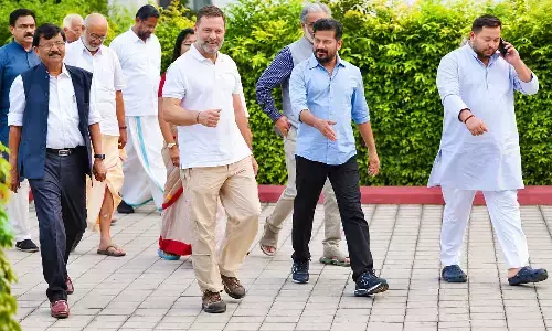 Chief Minister A Revanth Reddy with LoP Rahul Gandhi and other INDIA bloc leaders in New Delhi on Tuesday Chief Minister A Revanth Reddy with LoP Rahul Gandhi and other INDIA bloc leaders in New Delhi on Tuesday