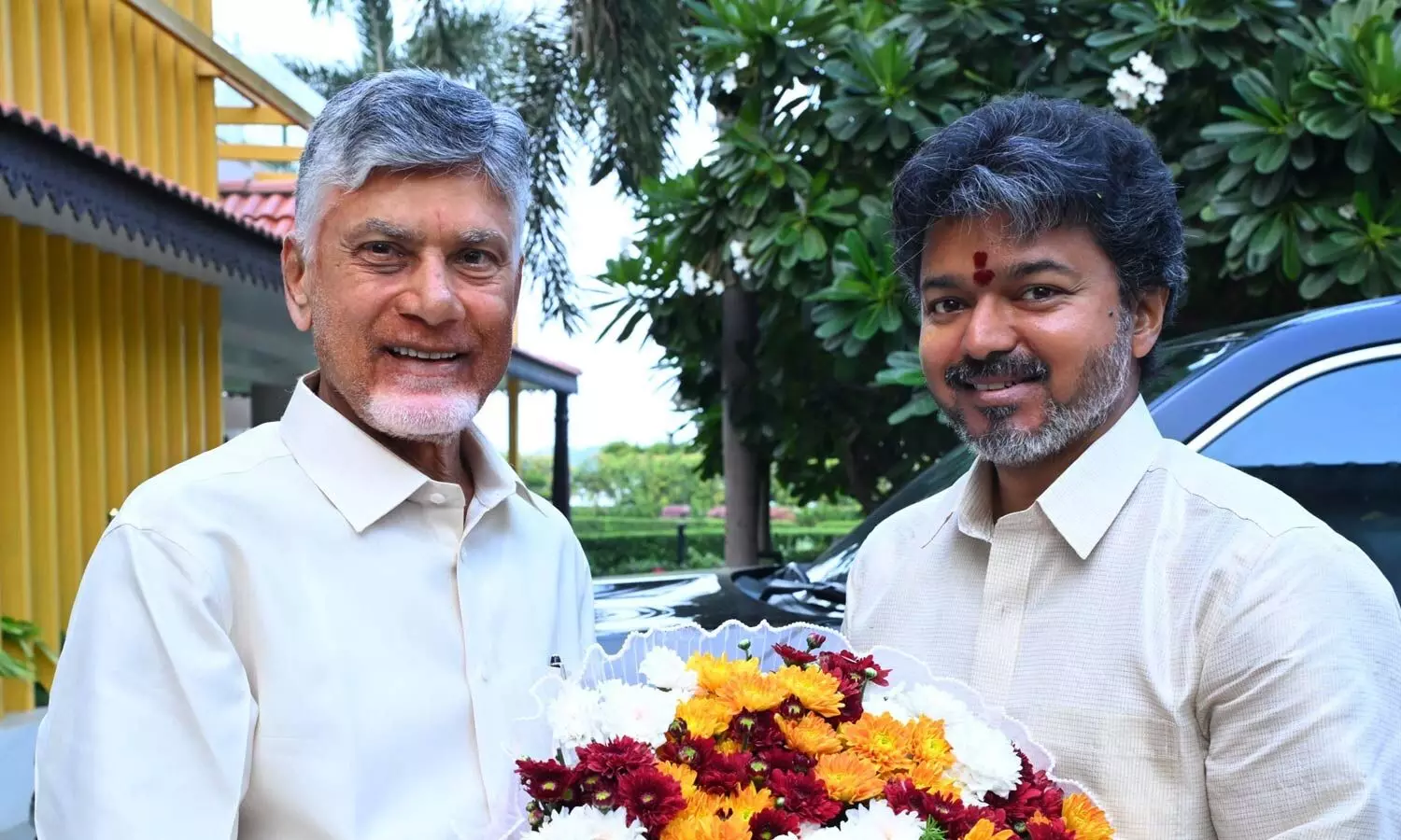 Chief Minister N Chandrababu Naidu greets Tamil Nadu CM Joseph Vijay at his residence in Undavalli on Tuesday Chief Minister N Chandrababu Naidu greets Tamil Nadu CM Joseph Vijay at his residence in Undavalli on Tuesday