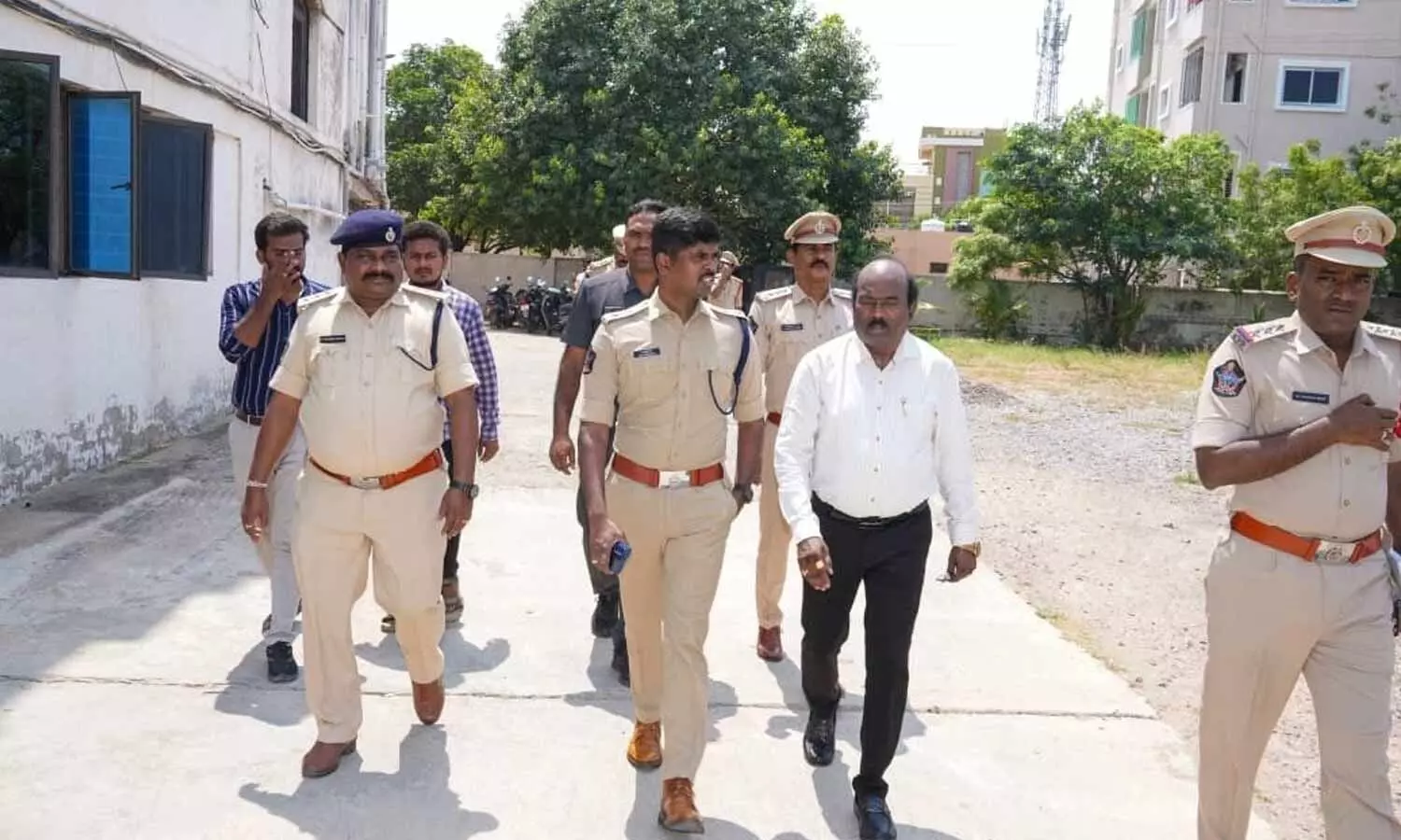 SP P Jagadeesh, IPS, accompanied by DSP M Chandrasekhar and police officials, inspecting key venues and sensitive areas in Tadipatri town on Tuesday SP P Jagadeesh, IPS, accompanied by DSP M Chandrasekhar and police officials, inspecting key venues and sensitive areas in Tadipatri town on Tuesday