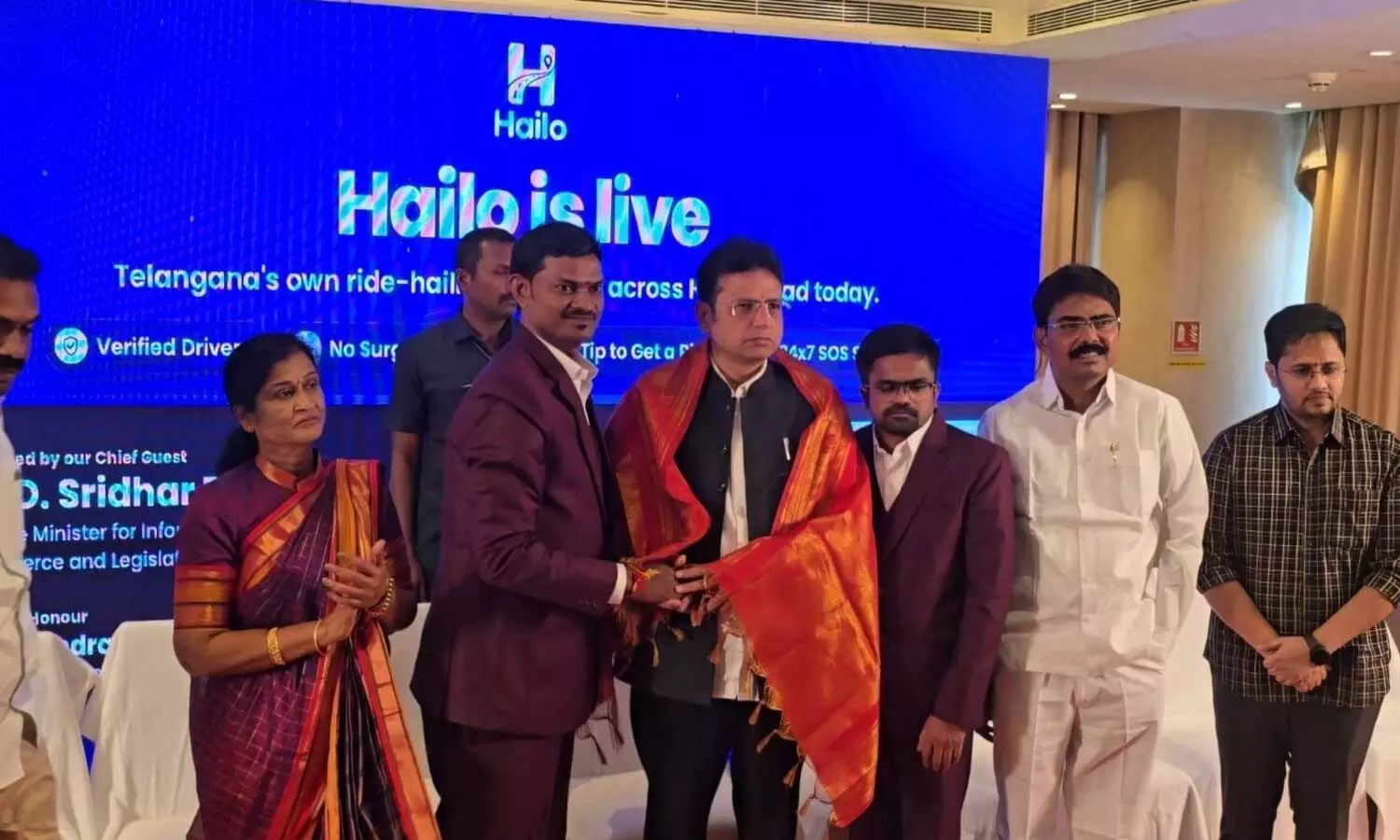 Minister Duddilla Sridhar Babu launches the Hailo ride-hailing app in Hyderabad on Wednesday, in the presence of Dr Chandrakant Reddy, Karnakanti Manjula Reddy and SK Rydo Pvt Ltd Director Katkam Srikanth. Minister Duddilla Sridhar Babu launches the Hailo ride-hailing app in Hyderabad on Wednesday, in the presence of Dr Chandrakant Reddy, Karnakanti Manjula Reddy and SK Rydo Pvt Ltd Director Katkam Srikanth.