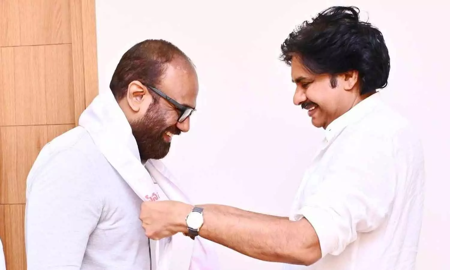 Jana Sena president and Deputy Chief Minister K Pawan Kalyan welcomes Vangaveeti Radha Krishna into the party at party office in Mangalagiri on Wednesday Jana Sena president and Deputy Chief Minister K Pawan Kalyan welcomes Vangaveeti Radha Krishna into the party at party office in Mangalagiri on Wednesday