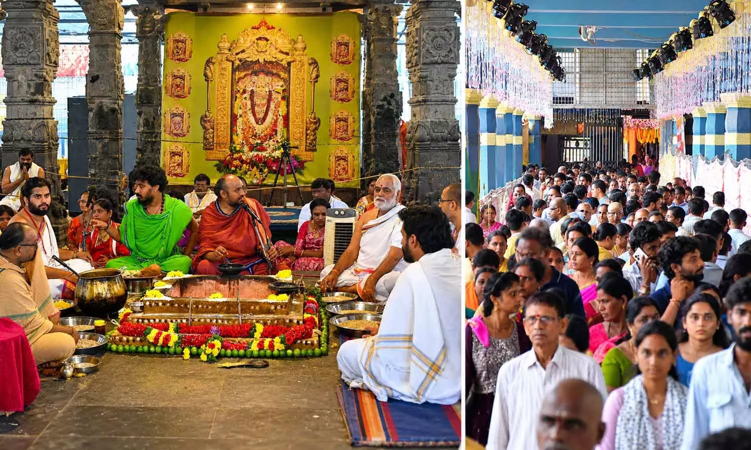 Priests performing Chandi Yagam at Sri Durga Malleswara Swamy Varla Devasthanam atop Indrakeeladri in Vijayawada on Wednesday; Devotees waiting in queue lines for darshan of Goddess Kanaka Durga on Wednesday Priests performing Chandi Yagam at Sri Durga Malleswara Swamy Varla Devasthanam atop Indrakeeladri in Vijayawada on Wednesday; Devotees waiting in queue lines for darshan of Goddess Kanaka Durga on Wednesday