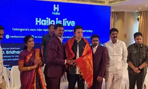 Minister Duddilla Sridhar Babu launches the Hailo ride-hailing app in Hyderabad on Wednesday, in the presence of Dr Chandrakant Reddy, Karnakanti Manjula Reddy and SK Rydo Pvt Ltd Director Katkam Srikanth. Minister Duddilla Sridhar Babu launches the Hailo ride-hailing app in Hyderabad on Wednesday, in the presence of Dr Chandrakant Reddy, Karnakanti Manjula Reddy and SK Rydo Pvt Ltd Director Katkam Srikanth.