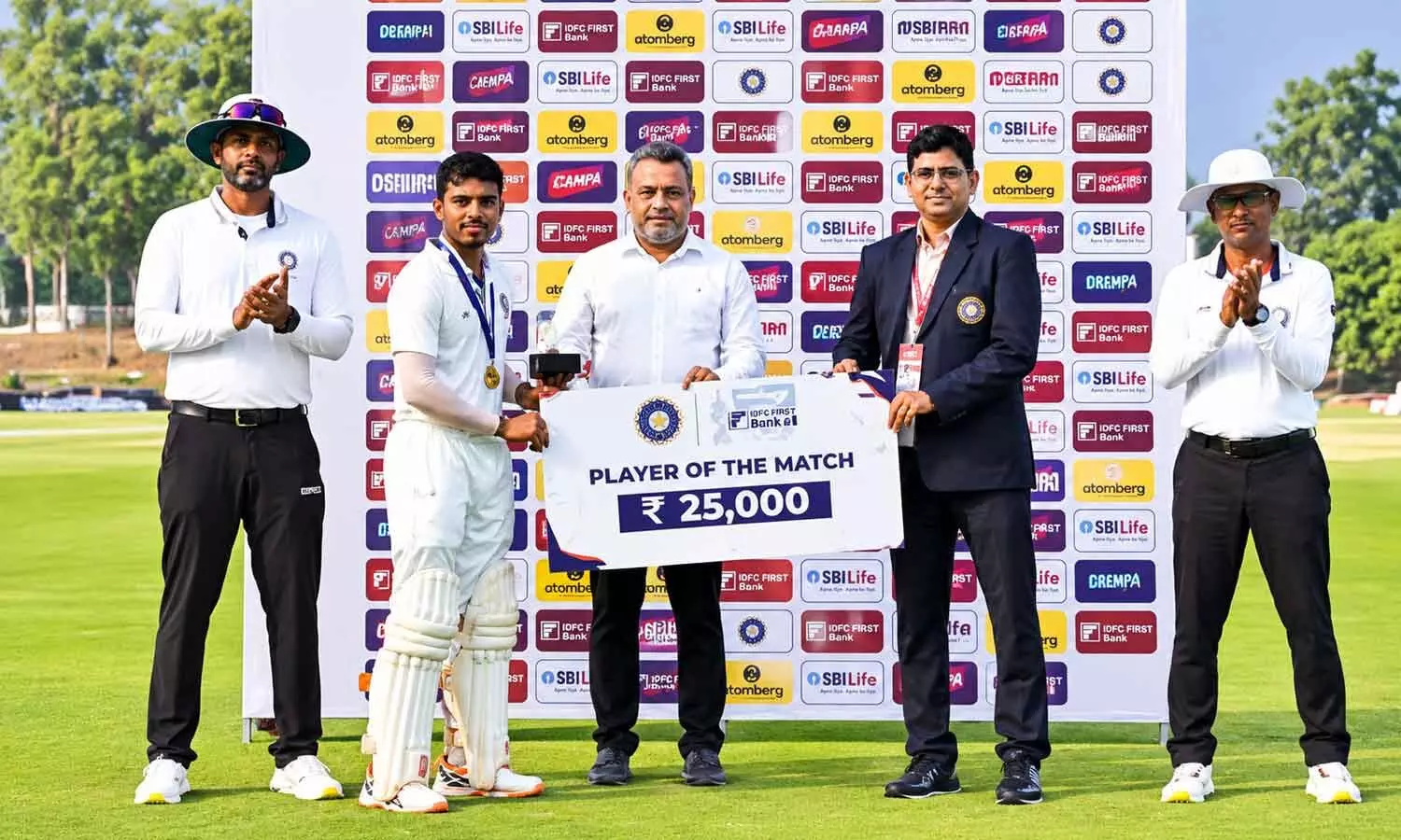 Andhra batter Seeram Venkata Rahul receives the cash prize after being named Player of the Match in the Ranji Trophy encounter against Karnataka at the ACA stadium in Mulapadu near Vijayawada on Wednesday Andhra batter Seeram Venkata Rahul receives the cash prize after being named Player of the Match in the Ranji Trophy encounter against Karnataka at the ACA stadium in Mulapadu near Vijayawada on Wednesday