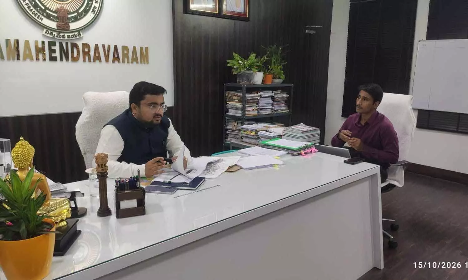 Rajamahendravaram Sub-Collector Shubham Nokhwal reviewing preparations for the 2027 Godavari Pushkarams with Tahasildars and division-level officials on Thursday Rajamahendravaram Sub-Collector Shubham Nokhwal reviewing preparations for the 2027 Godavari Pushkarams with Tahasildars and division-level officials on Thursday
