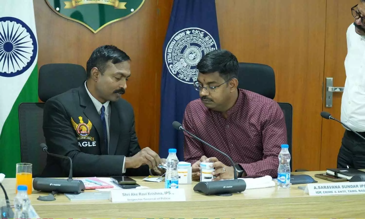 AP EAGLE chief Ake Ravi Krishna and Tamil Nadu IGP, Crime Branch and ANTF A Saravana Sundar addressing a meeting held at EAGLE office in Mangalagiri on Thursday AP EAGLE chief Ake Ravi Krishna and Tamil Nadu IGP, Crime Branch and ANTF A Saravana Sundar addressing a meeting held at EAGLE office in Mangalagiri on Thursday
