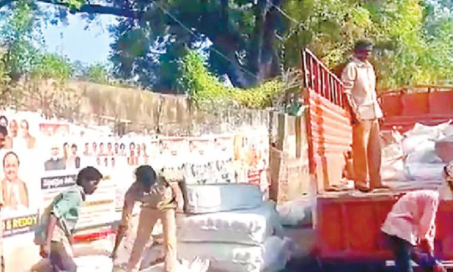 Officials and police personnel seize and unload large quantities of improperly transported khova during an early-morning inspection drive near Hyderabad on Thursday Officials and police personnel seize and unload large quantities of improperly transported khova during an early-morning inspection drive near Hyderabad on Thursday