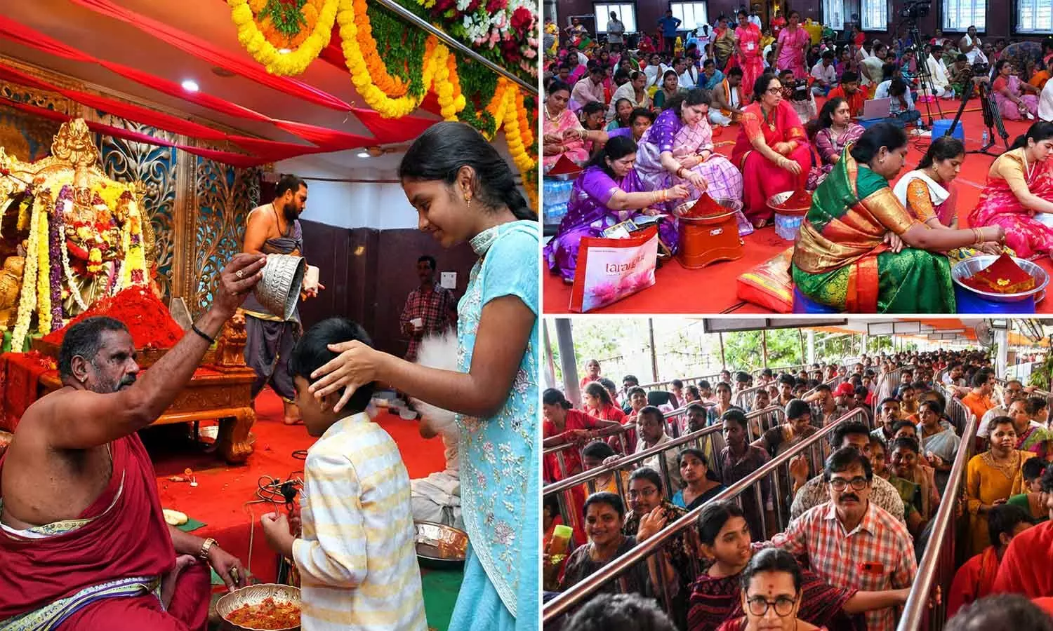 Priests offering Vedic blessings to devotees during the Dasara festival at the Sri Durga Malleswara Swamy Varla Devasthanam atop Indrakeeladri in Vijayawada on Saturday; Devotees performing Kumkumarchana; Devotees waiting in queue lines for darshan (Hans photos: Ch Venkata Mastan) Priests offering Vedic blessings to devotees during the Dasara festival at the Sri Durga Malleswara Swamy Varla Devasthanam atop Indrakeeladri in Vijayawada on Saturday; Devotees performing Kumkumarchana; Devotees waiting in queue lines for darshan (Hans photos: Ch Venkata Mastan)