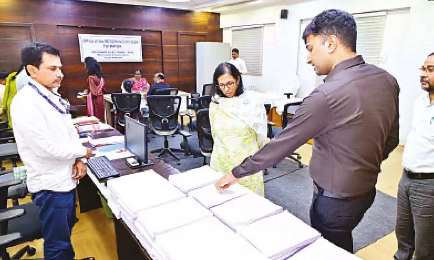 NTR district election observer S Nagalakshmi inspecting the Mayor nomination process at VMC head office in Vijayawada on Saturday. Commissioner HM Dhyanachandra is also seen. NTR district election observer S Nagalakshmi inspecting the Mayor nomination process at VMC head office in Vijayawada on Saturday. Commissioner HM Dhyanachandra is also seen.