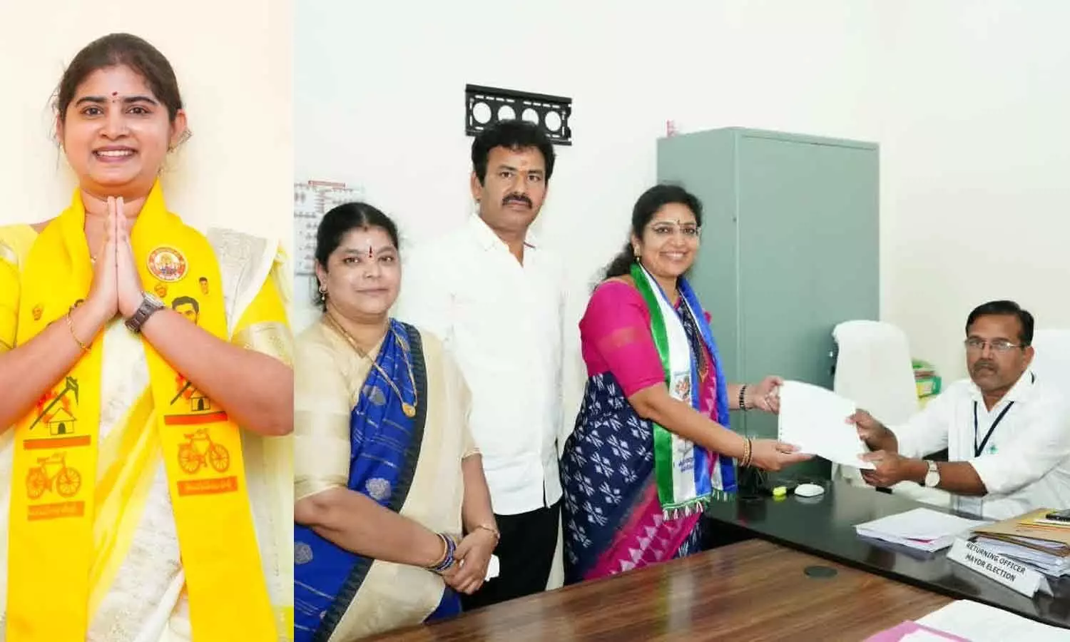 Former corporator Mukka Sravani; YSRCP MLC Varudhu Kalyani filing nomination for the Mayor’s post in Visakhapatnam on Saturday Former corporator Mukka Sravani; YSRCP MLC Varudhu Kalyani filing nomination for the Mayor’s post in Visakhapatnam on Saturday