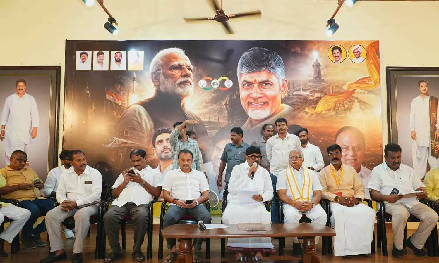 Endowments Minister Anam Ramanarayana Reddy addressing the coordination meeting with TDP allied parties over ZPTC, MPTC elections at his camp office in Nellore on Monday Endowments Minister Anam Ramanarayana Reddy addressing the coordination meeting with TDP allied parties over ZPTC, MPTC elections at his camp office in Nellore on Monday