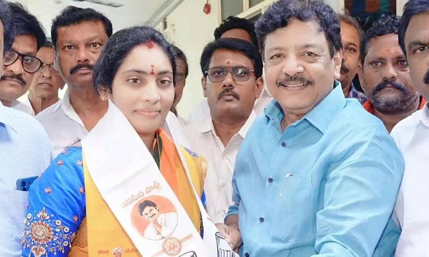Minister Kandula Durgesh with alliance chairperson candidate for Jangareddigudem municipality Rongala Anusha Minister Kandula Durgesh with alliance chairperson candidate for Jangareddigudem municipality Rongala Anusha