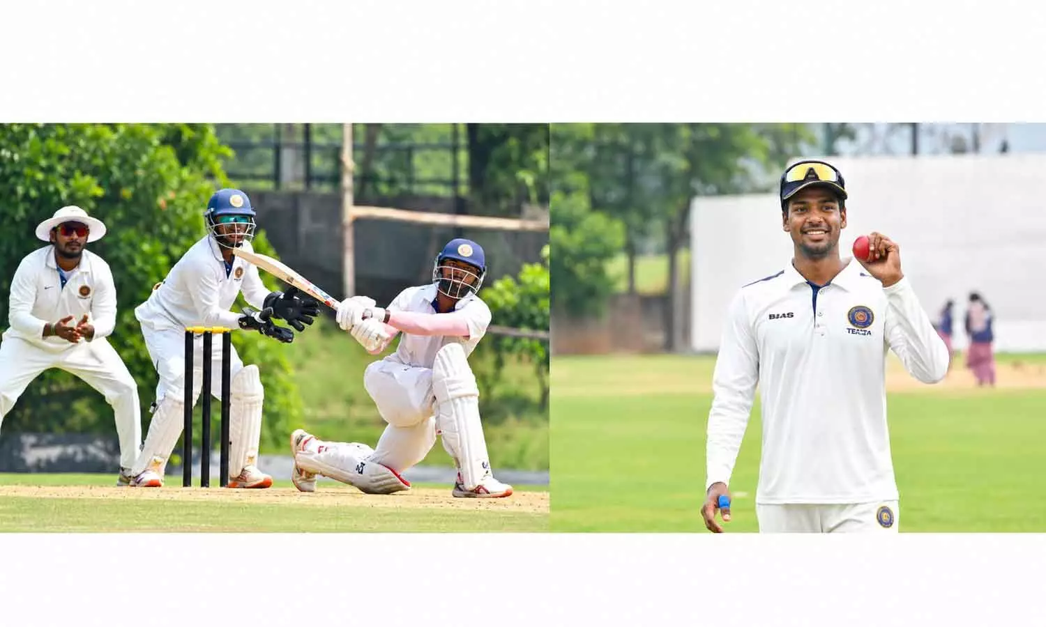 Hyderabad’s Kodimela Himateja, who scored an unbeaten 123 against Andhra; Hyderabad spinner Tanay Thyagarajan, who claimed 11 wickets for 98 runs against Andhra Hyderabad’s Kodimela Himateja, who scored an unbeaten 123 against Andhra; Hyderabad spinner Tanay Thyagarajan, who claimed 11 wickets for 98 runs against Andhra