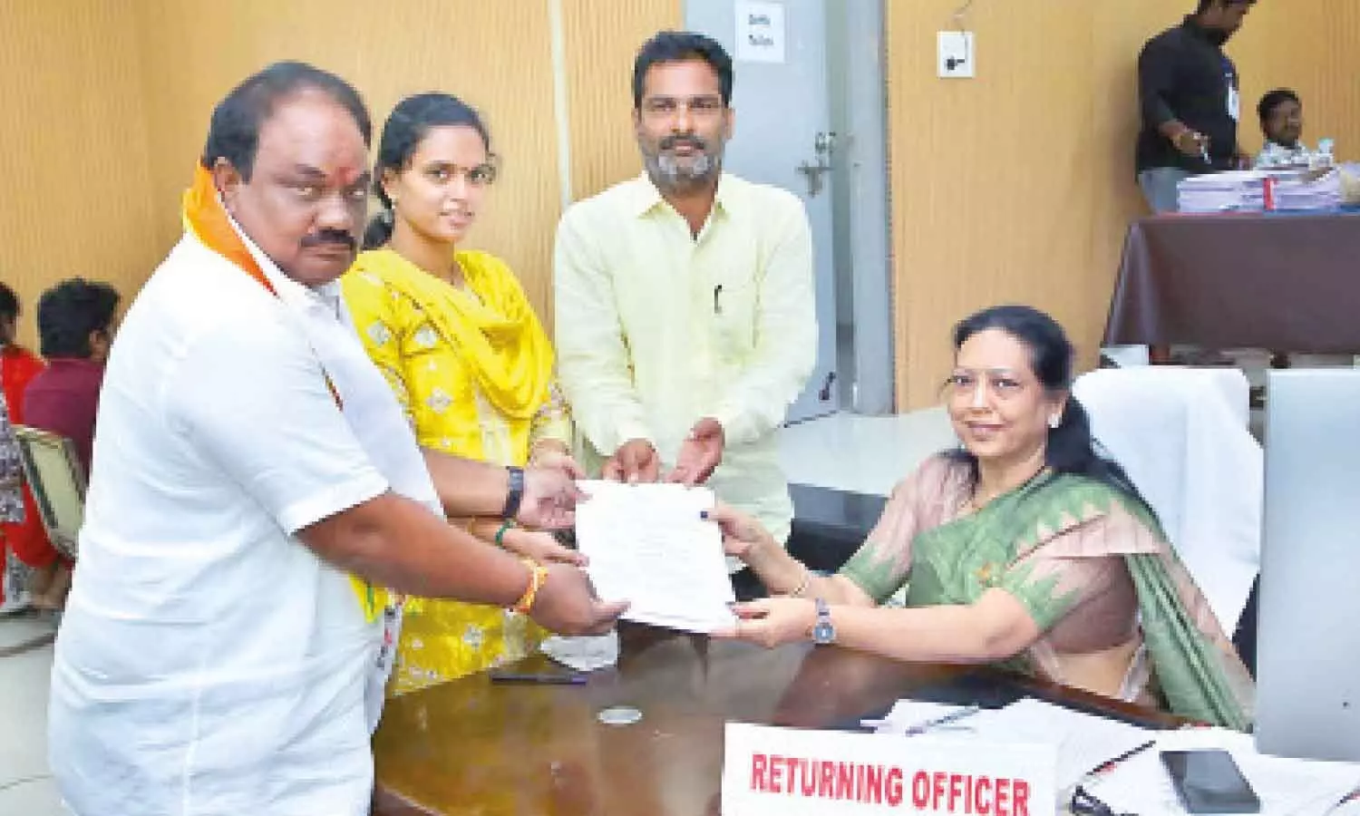 TDP senior leader Murakonda Edukondala Rao of Gani Atkuru village files his nomination as the party’s candidate for the Kanchikacherla ZPTC seat before Returning Officer Suseela at the NTR Zilla Parishad office in Vijayawada on Thursday TDP senior leader Murakonda Edukondala Rao of Gani Atkuru village files his nomination as the party’s candidate for the Kanchikacherla ZPTC seat before Returning Officer Suseela at the NTR Zilla Parishad office in Vijayawada on Thursday