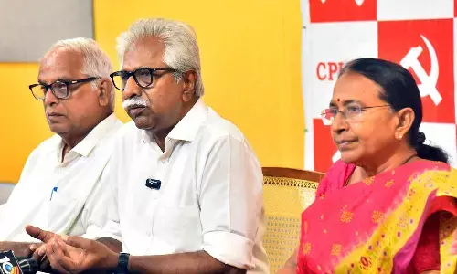 CPM state secretary V Srinivasa Rao, along with party state secretariat member Y Venkateswara Rao and Central Committee member D Ramadevi, addressing a press conference at Balotsav Bhavan in Vijayawada on Wednesday    photo: Ch Venkata Mastan