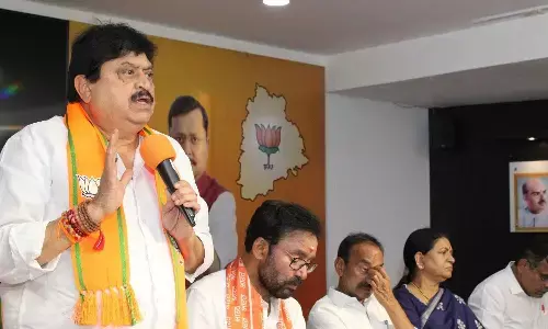 BJP Telangana unit president N Ramchander Rao speaking after paying tributes to tribal freedom fighter Komaram Bheem on his birth anniversary at the BJP state office in Hyderabad on Thurday