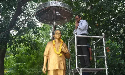 Collector MN Harendhira Prasad paying tributes to late IAS officer SR Sankaran at his statue