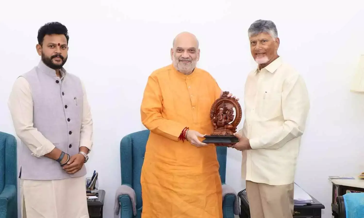 CM N Chandrababu Naidu meets Union Home Minister Amit Shah in New Delhi. Civil Aviation Minister Ram Mohan Naidu is also seen