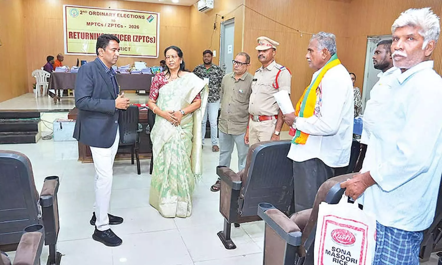 Collector Dr G Lakshmisha and ZP CEO-cum-Returning Officer Susheela interacting with candidates about the nomination process at the Zilla Parishad office on Friday Collector Dr G Lakshmisha and ZP CEO-cum-Returning Officer Susheela interacting with candidates about the nomination process at the Zilla Parishad office on Friday