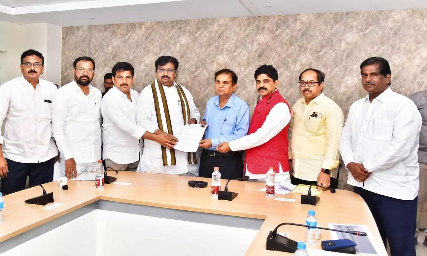 NDA leaders submit a petition to SEC Anil Chandra Punetha in Vijayawada on Saturday NDA leaders submit a petition to SEC Anil Chandra Punetha in Vijayawada on Saturday