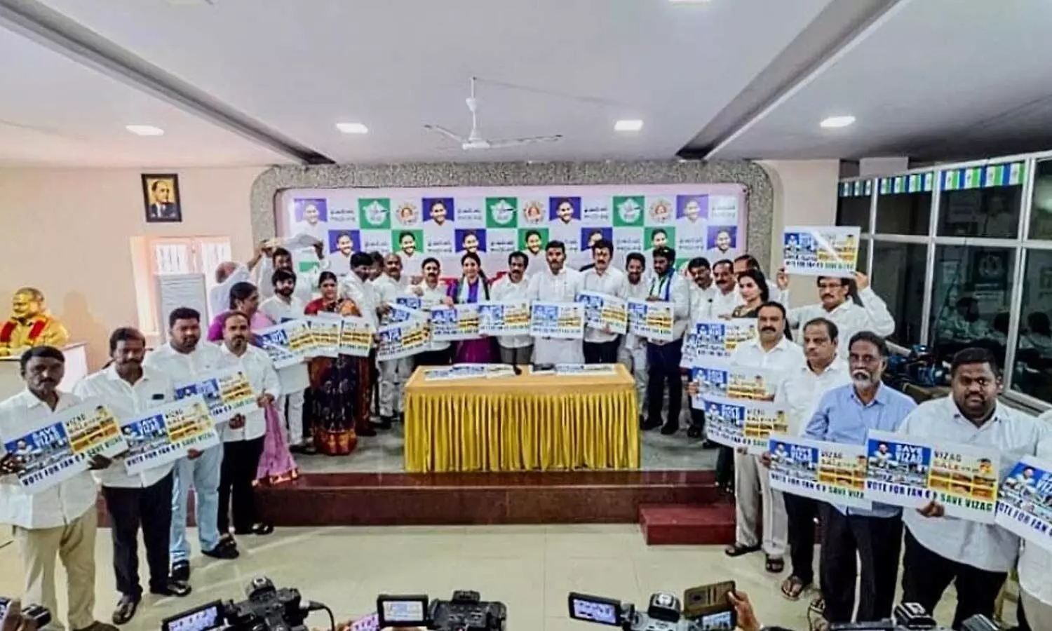 YSRCP leaders launching the ‘Save Vizag’ campaign poster in Visakhapatnam on Sunday YSRCP leaders launching the ‘Save Vizag’ campaign poster in Visakhapatnam on Sunday