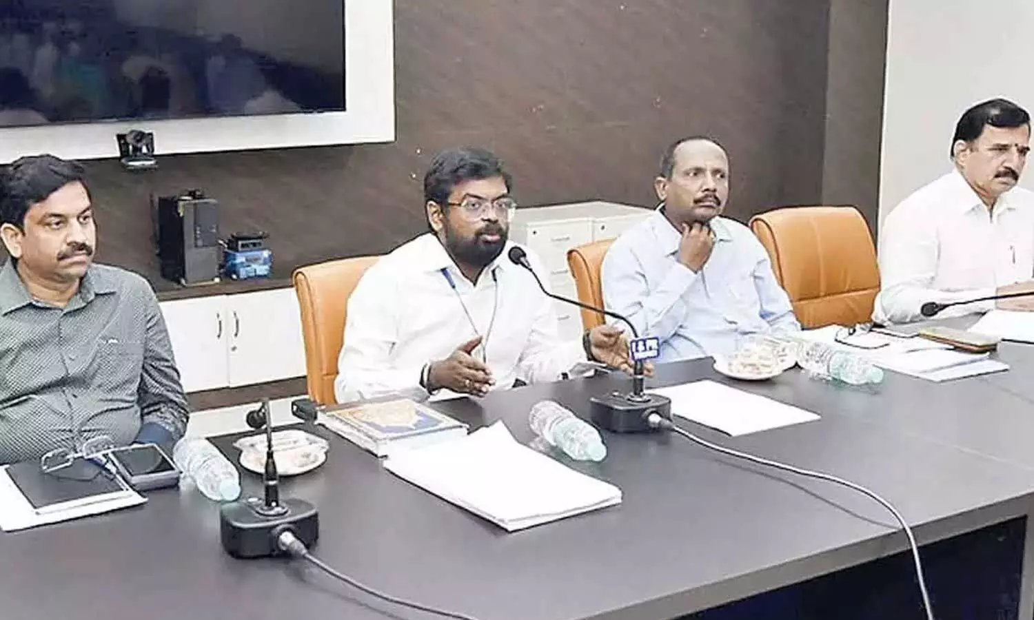 Collector DK Balaji addressing a press conference on Cyclone Arnab preparedness at the Collectorate on Monday Collector DK Balaji addressing a press conference on Cyclone Arnab preparedness at the Collectorate on Monday