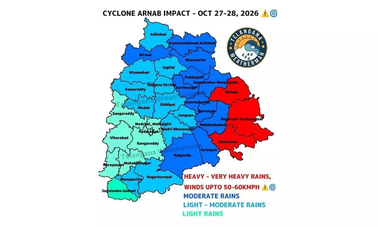 Heavy rain forecast in four TG districts Heavy rain forecast in four TG districts