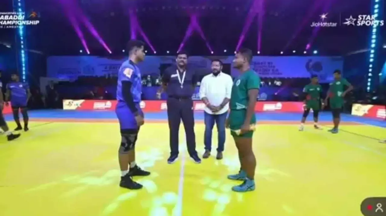 Andhra Kabaddi Association General Secretary Srikanth Yalamanchili conducting the toss for the Bangladesh–Singapore match at the Commonwealth Kabaddi Championship in Ahmedabad, Gujarat