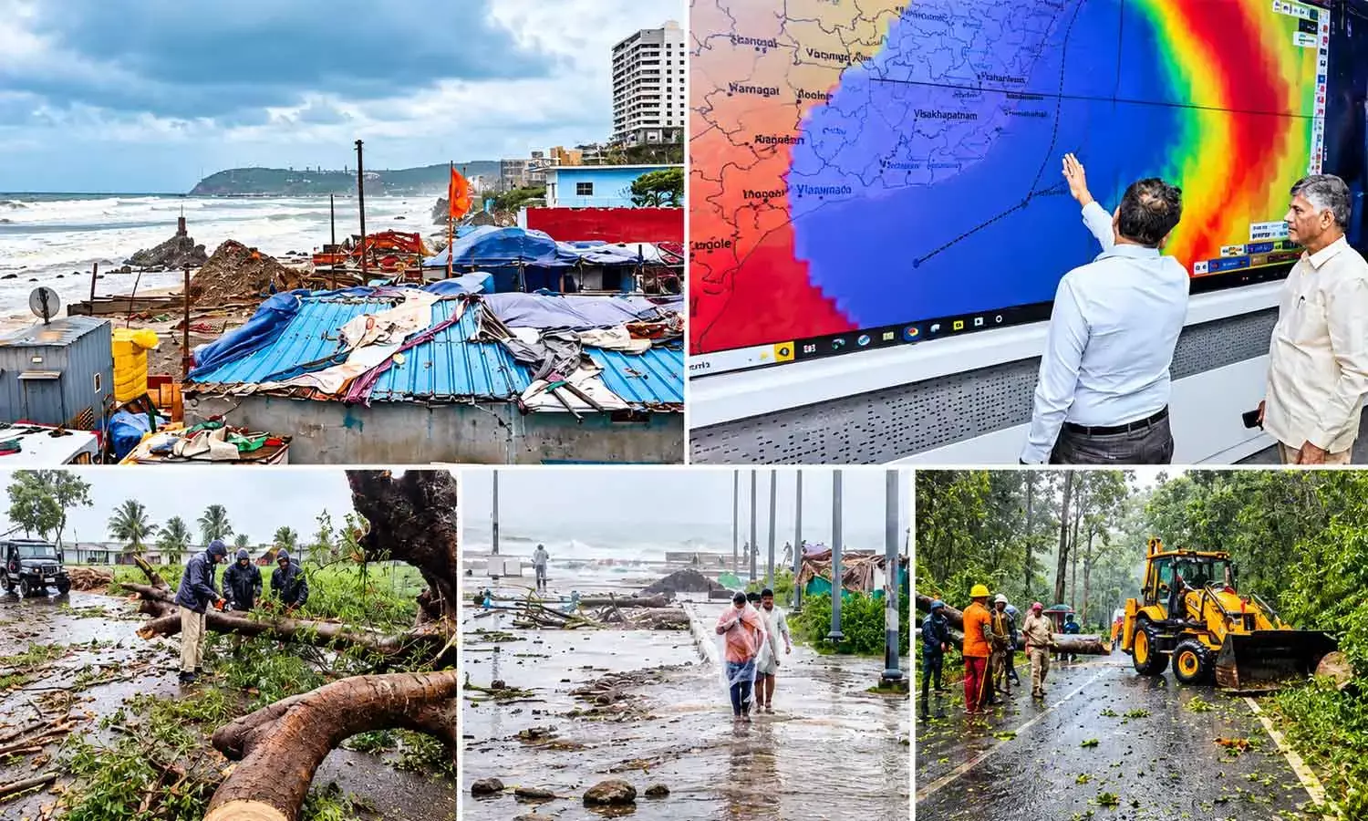 1. Waves crash at the shore amid strong winds during Cyclone Arnabs landfall in Visakhapatnam on Wednesday 2. Chief Minister  N Chandrababu Naidu monitors the Cyclone situation. 3. AP Police and SDRF personnel cut and clear a large uprooted tree blocking a road. 4. People walk amid strong winds and rainfall at a coastal area during Cyclone Arnabs landfall in Kakinada. 5. An excavator clears uprooted trees blocking a road in Gajapati district, Odisha.