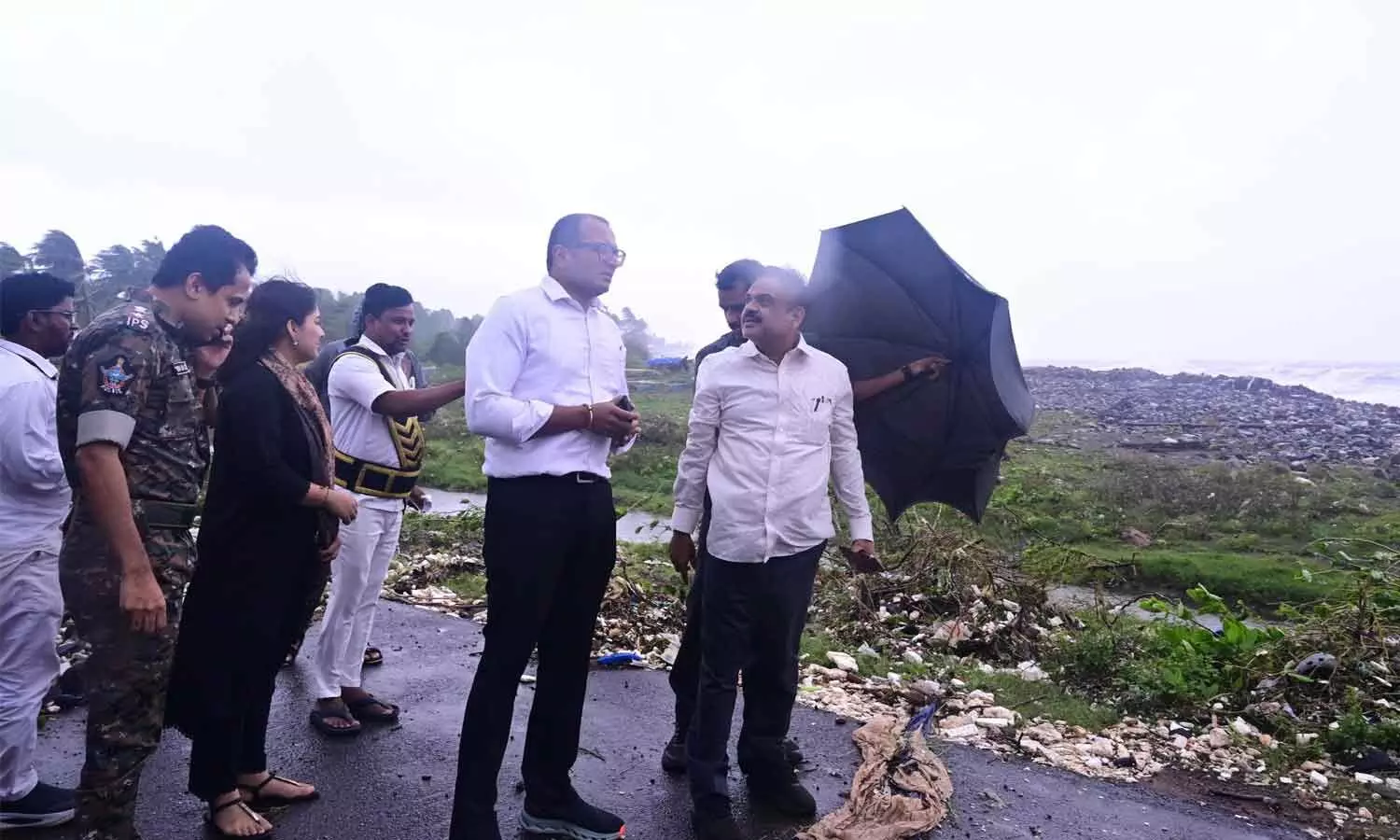 Collector MN Harendhira Prasad visiting Uppada beach road which was damaged by to the cyclone Collector MN Harendhira Prasad visiting Uppada beach road which was damaged by to the cyclone