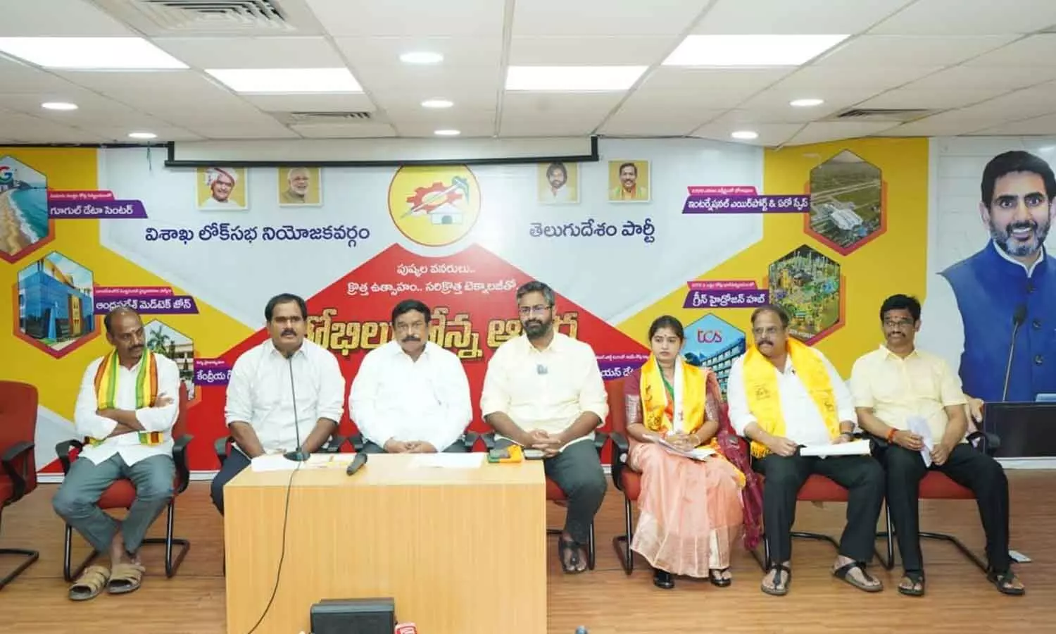 Visakhapatnam MP M Sribharat, MLAs, Mayor candidate Mukka Sravani, among others, at the media conference held in Visakhapatnam on Thursday Visakhapatnam MP M Sribharat, MLAs, Mayor candidate Mukka Sravani, among others, at the media conference held in Visakhapatnam on Thursday
