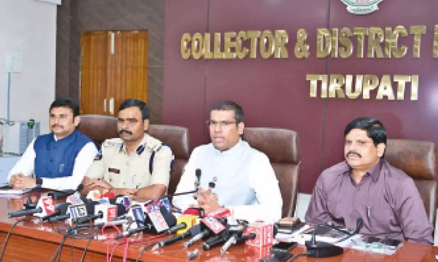 District Collector S Venkateswar speaking to the media in Tirupati on Thursday. SP L Subba Rayudu, JC R Govinda Rao and Commissioner M Jayakrishna are also seen. District Collector S Venkateswar speaking to the media in Tirupati on Thursday. SP L Subba Rayudu, JC R Govinda Rao and Commissioner M Jayakrishna are also seen.