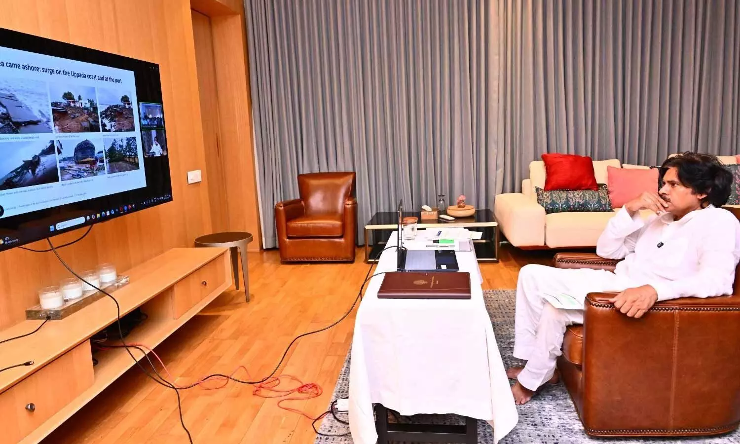 Deputy Chief Minister Pawan Kalyan holds a virtual meeting with the Kakinada district officials and residents of coastal villages on Friday Deputy Chief Minister Pawan Kalyan holds a virtual meeting with the Kakinada district officials and residents of coastal villages on Friday