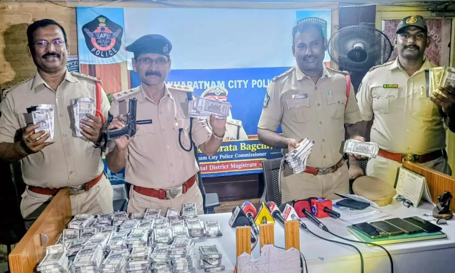 Police displaying seized fake currency in Visakhapatnam on Friday Police displaying seized fake currency in Visakhapatnam on Friday