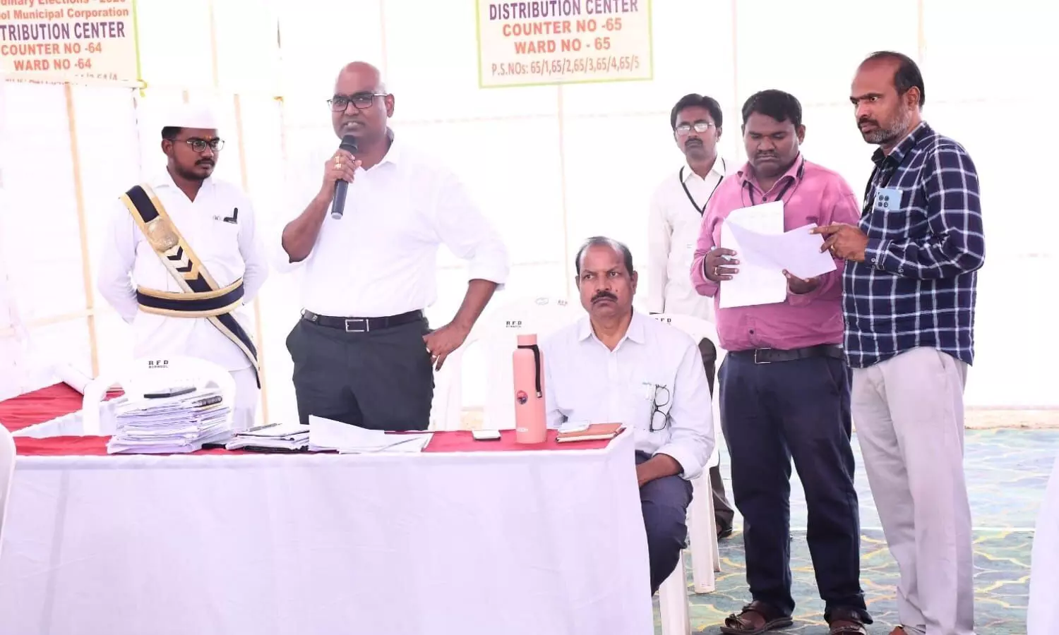 Municipal Commissioner Challa Obulesu addressing election officials and polling personnel at Athena School in Kurnool on Friday Municipal Commissioner Challa Obulesu addressing election officials and polling personnel at Athena School in Kurnool on Friday