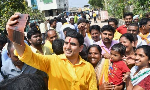 Nara Lokesh interacts with voters in Mangalagiri