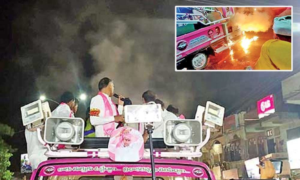 Narrow escape for Harish Rao after campaign vehicle catches fire in Medak