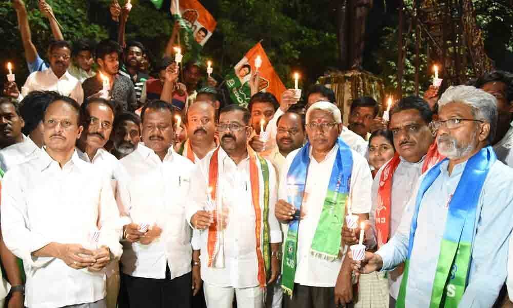 Cong, TJS, Left stage candle light protest against Inter results goof-up