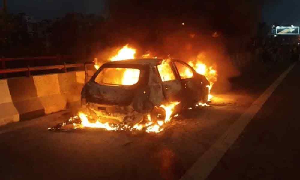 Moving car catches fire in Kodad, none injured