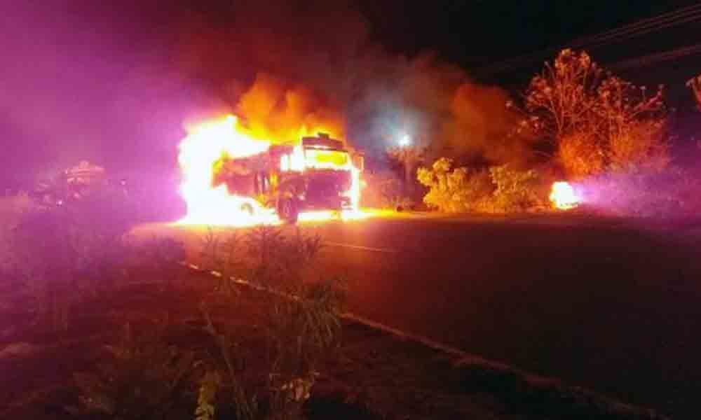 Flour-laden lorry catches fire in road accident in Kodad