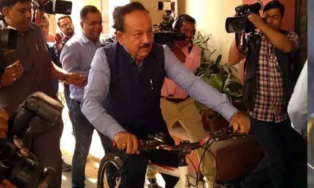 Harsh Vardhan takes charge, rides on cycle