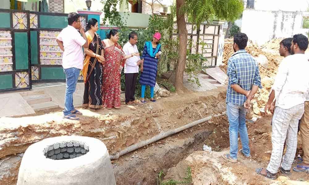 Corporator M Lakshmi Prasanna Goud inspects Under Ground Drainage works