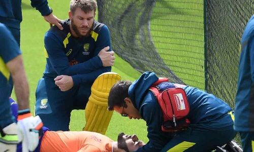 David Warner shaken up after net incident