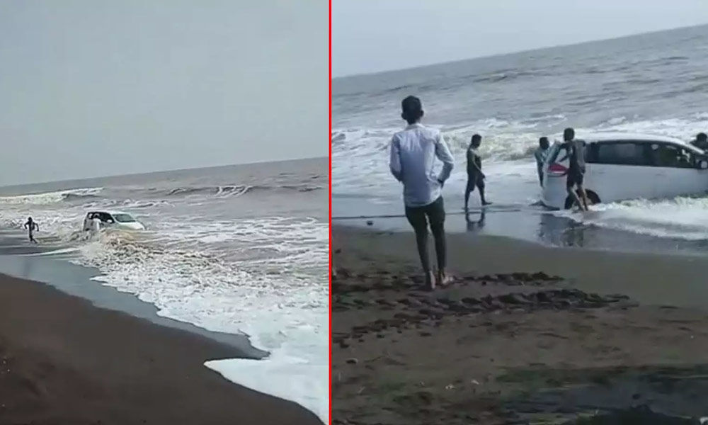 Mischief Costs : Youngster drives on forbidden beach, car gets washed into the sea